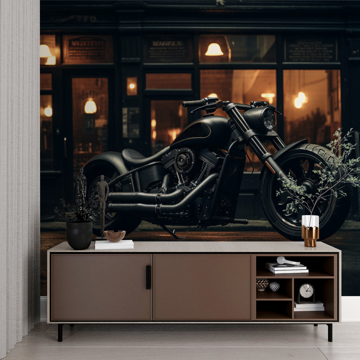 Urban motorcycle mural creating focal point in industrial-style living room