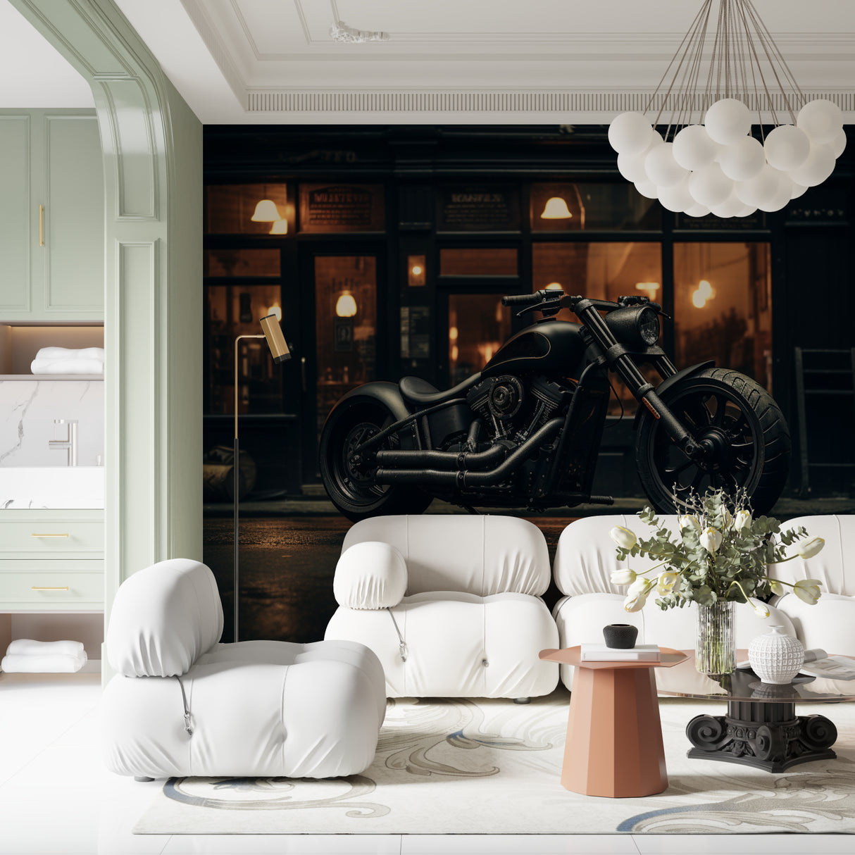 Custom bike wallpaper adding edge to minimalist bedroom design