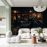 Custom bike wallpaper adding edge to minimalist bedroom design