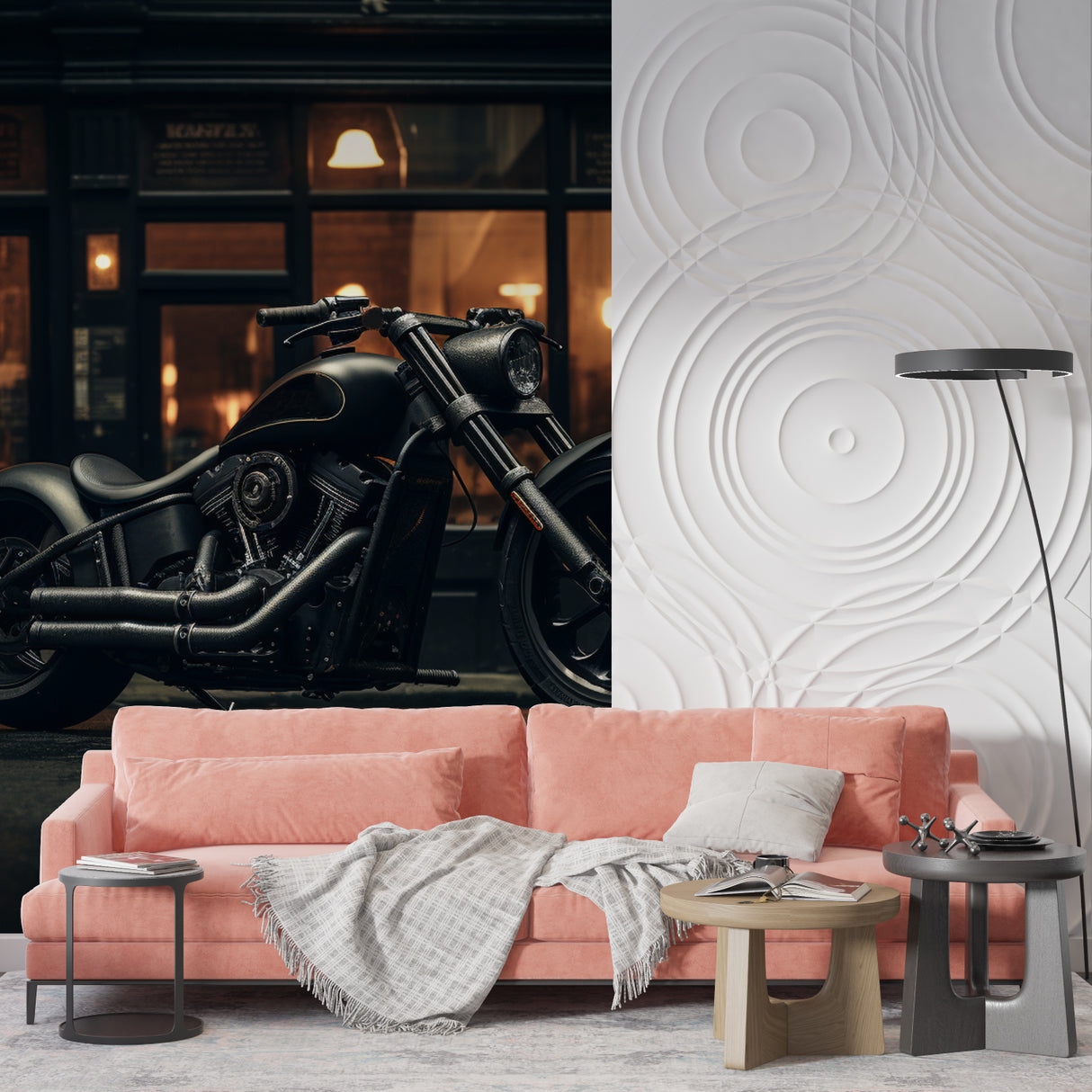 Black motorcycle wall mural transforming garage into stylish man cave