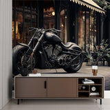 Black Harley Davidson mural in man cave with vintage furniture and ambient lighting