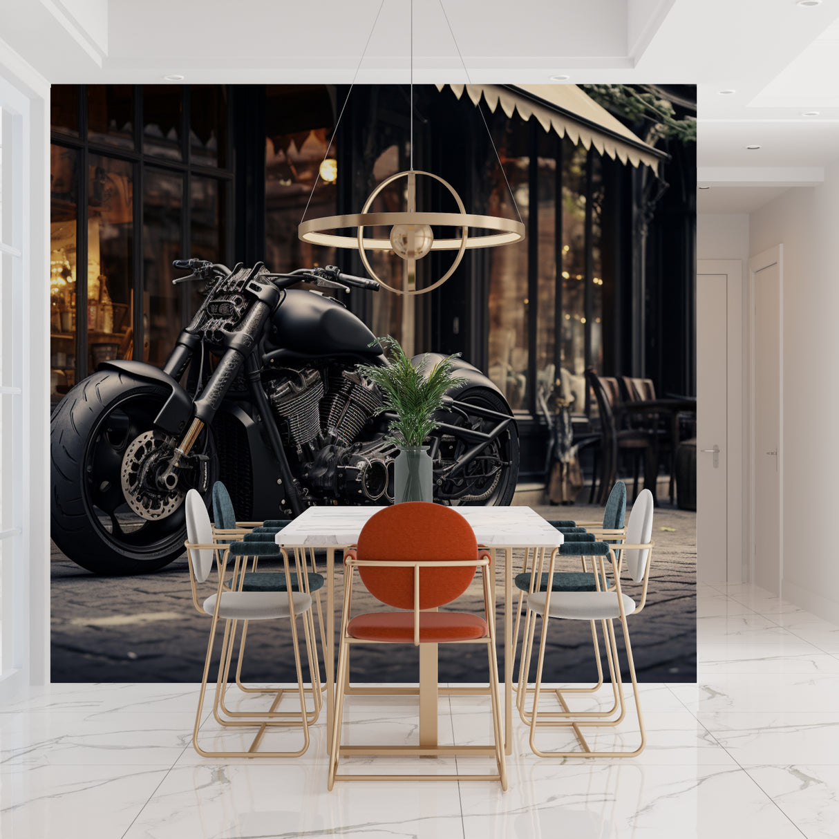 Urban motorcycle wallpaper creating focal point in minimalist bedroom with metal accents