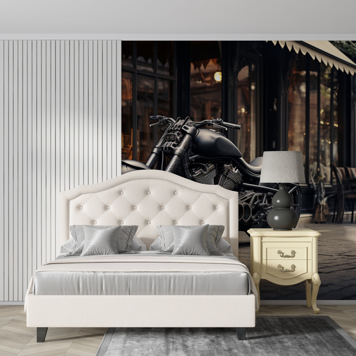 Motorcycle themed wallpaper in home office with industrial desk and exposed brick