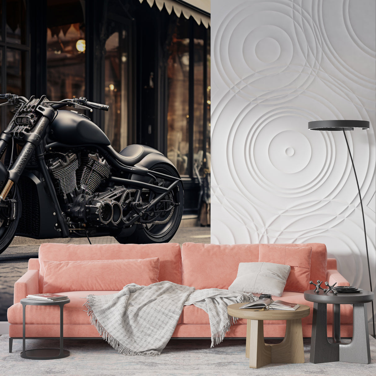 Black motorcycle mural styled in garage conversion with workshop elements