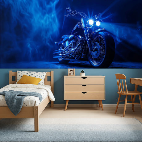 Motorcycle wallpaper mural in modern living room showing glowing blue chrome bike against dark backdrop
