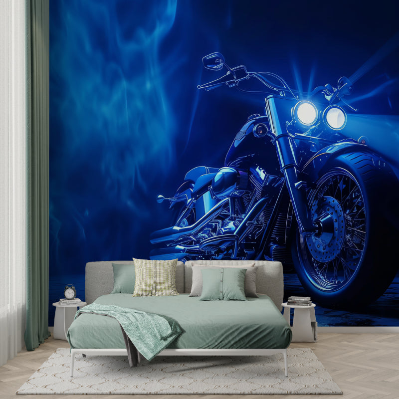 Blue chrome motorcycle wall mural creating dramatic atmosphere in teen bedroom