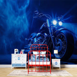 Custom bike wallpaper installation in urban style man cave with blue lighting