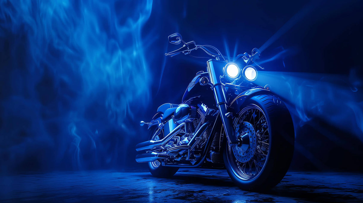 Design file of motorcycle wallpaper showing detailed blue chrome finish and night scene effects
