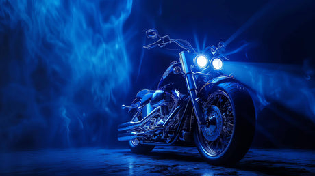 Design file of motorcycle wallpaper showing detailed blue chrome finish and night scene effects
