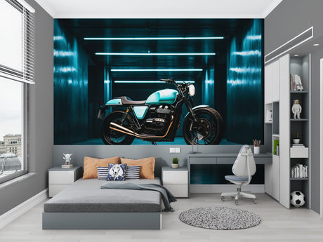 Motorcycle wallpaper mural in modern living room showing turquoise bike against urban night scene