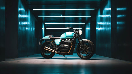 Design file of motorcycle wallpaper showing detailed turquoise bike and urban night scene pattern