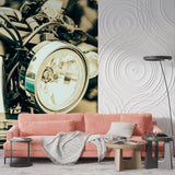 Motorcycle wallpaper mural in modern industrial loft showing chrome details against exposed brick wall