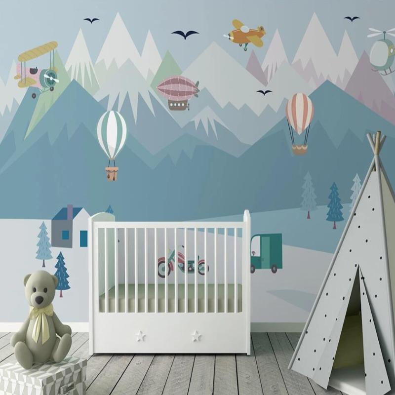 Kids bedroom featuring Mountain Adventure Mural with aircraft and peaks