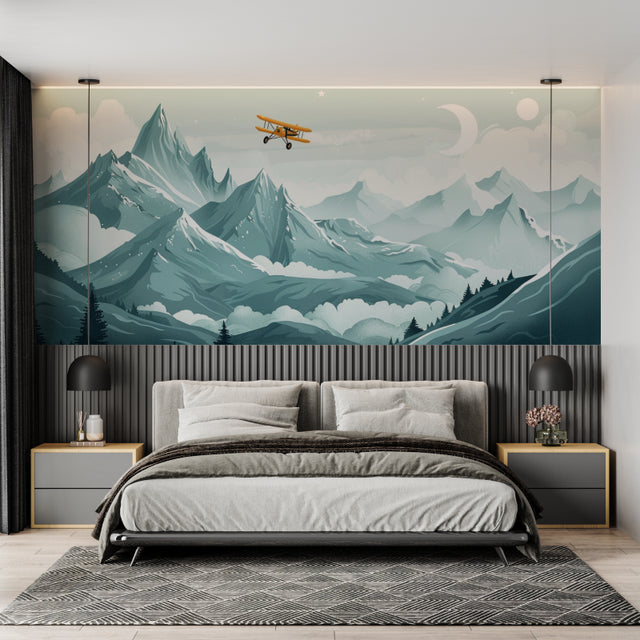 Mountain adventure wallpaper styled in modern bedroom, showing vintage airplane soaring over snowy peaks