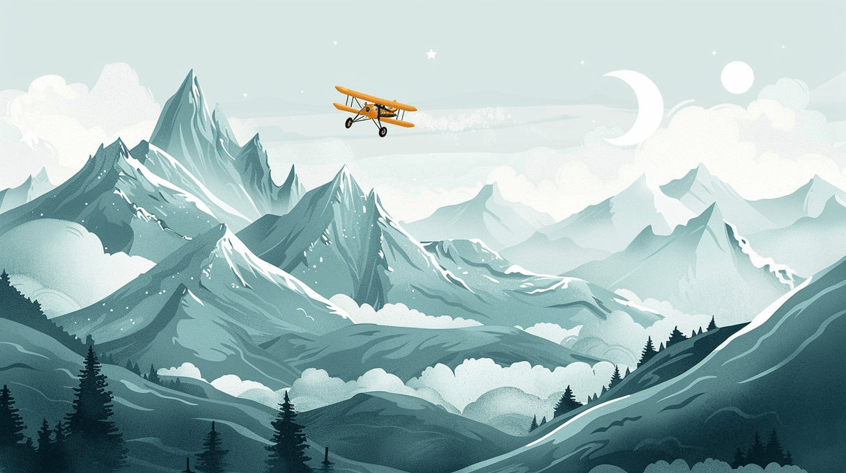 Mountain and airplane wallpaper design file showing full pattern with detailed snowy peaks and vintage aircraft