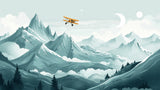 Mountain and airplane wallpaper design file showing full pattern with detailed snowy peaks and vintage aircraft