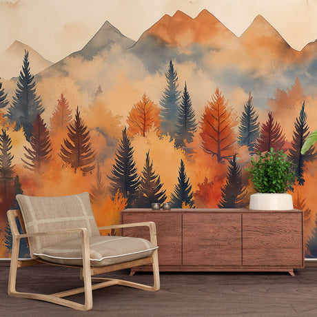 Mountain forest wallpaper mural creating a cozy atmosphere in a modern living room with soft autumn colors