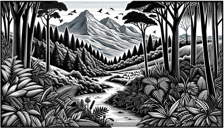 Mountain forest wallpaper design file showing detailed black and white nature scene pattern