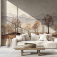 Mountain Forest Wallpaper in modern living room, creating depth with soft beige tones