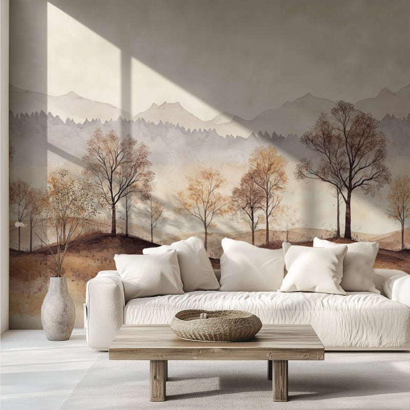 Mountain Forest Wallpaper in modern living room, creating depth with soft beige tones