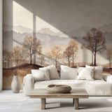 Mountain Forest Wallpaper in modern living room, creating depth with soft beige tones