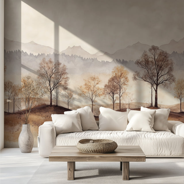 Mountain Forest Wallpaper in modern living room, creating depth with soft beige tones