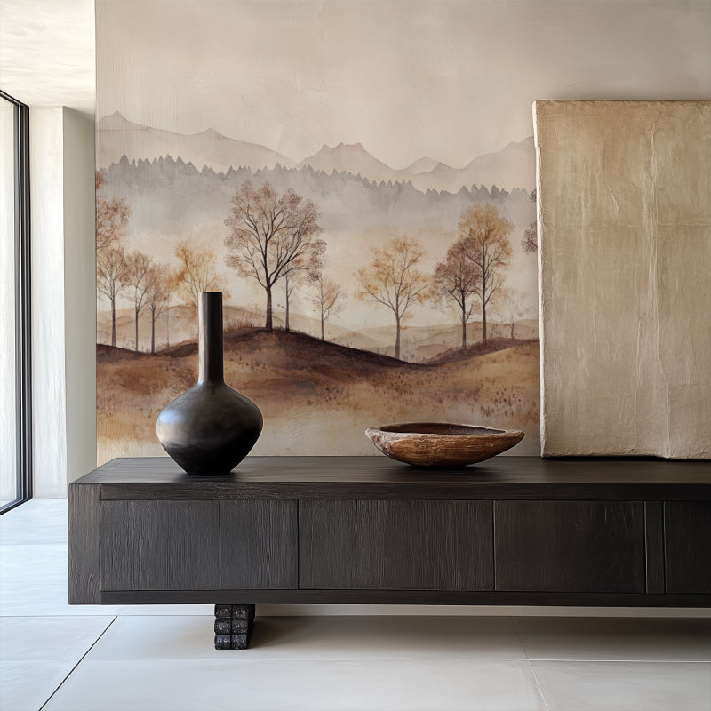 Mountain Forest Mural making dining room feel larger with misty landscape