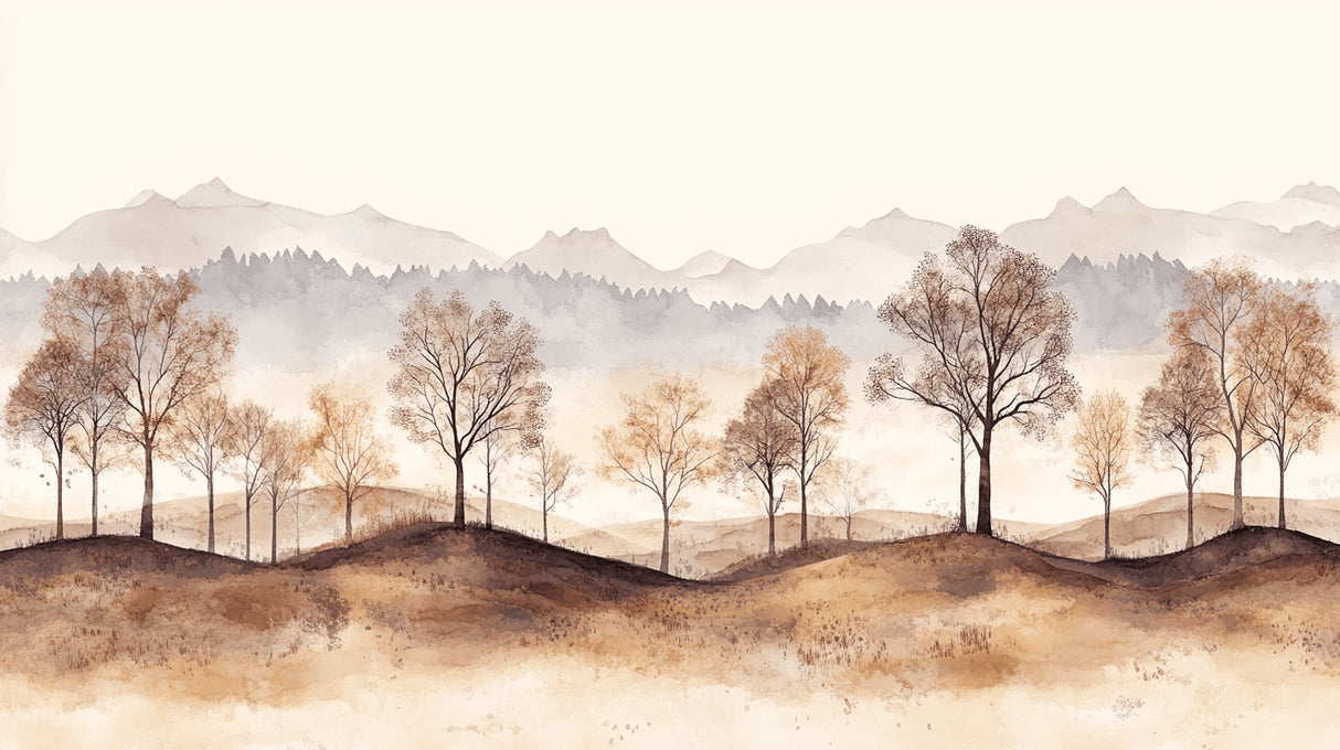 Mountain Forest Wallpaper design file showing full misty beige landscape pattern
