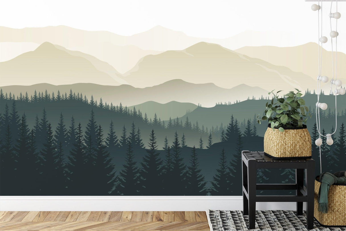 Mountain forest wallpaper creating depth in modern living room with gray sofa and natural light