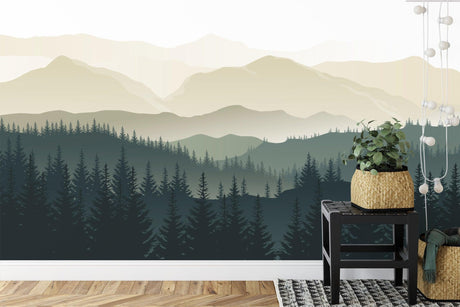 Mountain forest wallpaper creating depth in modern living room with gray sofa and natural light