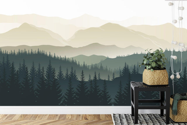 Mountain forest wallpaper creating depth in modern living room with gray sofa and natural light