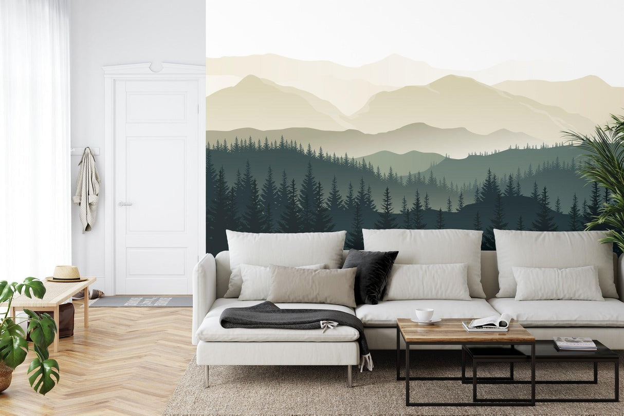 Pine forest mural wallpaper in cozy bedroom setting with wooden furniture