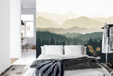Mountain landscape wallpaper transforming home office with peaceful forest view