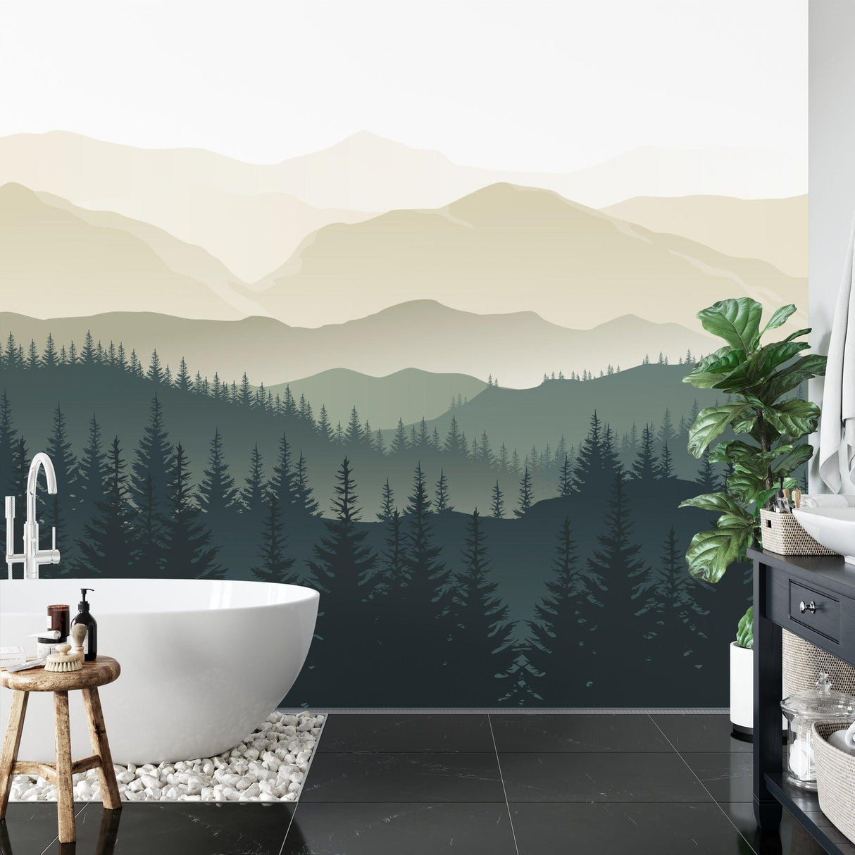 Nature wall mural in dining room showing misty mountain forest scene