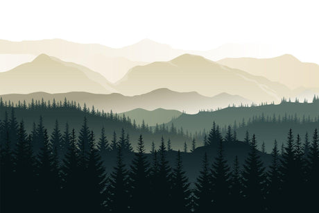Mountain forest wallpaper design file showing full misty pine landscape pattern