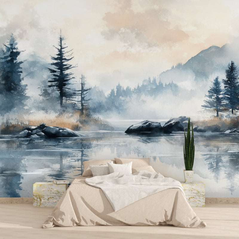 Home office with misty forest wallpaper creating calming work environment