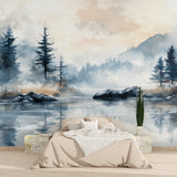Home office with misty forest wallpaper creating calming work environment