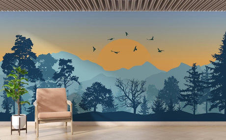 Mountain forest wallpaper creating depth in modern living room, sunset colors warming the space