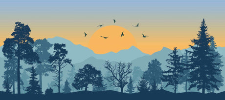 Mountain landscape wallpaper design file showing detailed pine trees and sunset birds pattern