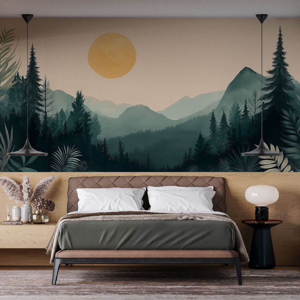 Mountain forest wallpaper mural showcased in a modern living room, creating a stunning focal point wall with sunset glow