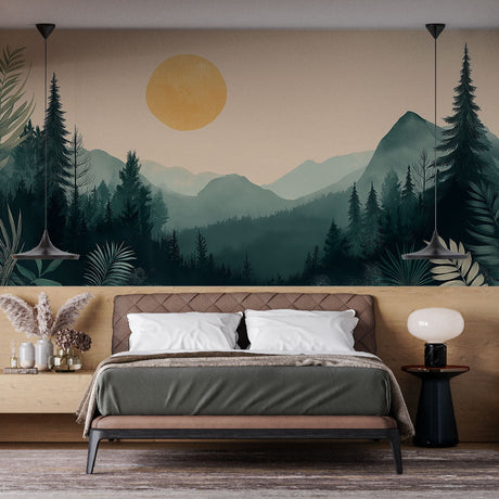 Mountain forest wallpaper mural showcased in a modern living room, creating a stunning focal point wall with sunset glow
