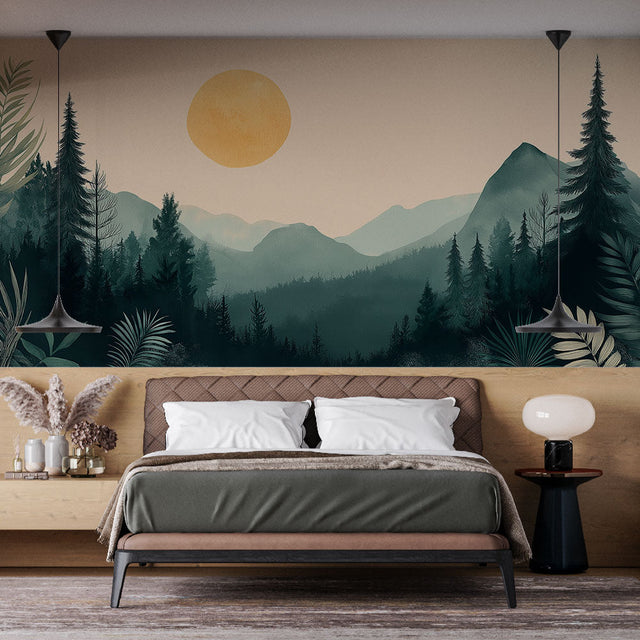 Mountain forest wallpaper mural showcased in a modern living room, creating a stunning focal point wall with sunset glow