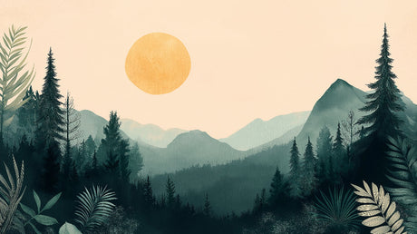 Mountain forest landscape design file showing detailed sunset scene with tropical leaves and misty mountains