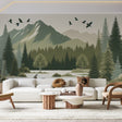 Mountain forest wallpaper with deer creating a cozy atmosphere in a modern living room with natural light