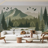 Mountain forest wallpaper with deer creating a cozy atmosphere in a modern living room with natural light