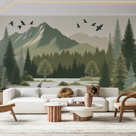 Mountain forest wallpaper with deer creating a cozy atmosphere in a modern living room with natural light