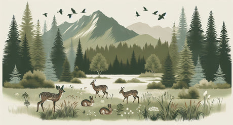 Mountain forest wildlife design file showing detailed deer and pine trees in misty natural setting