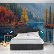 Mountain lake wallpaper mural styled in modern living room, showing autumn colors and water reflections