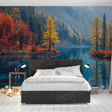 Mountain lake wallpaper mural styled in modern living room, showing autumn colors and water reflections