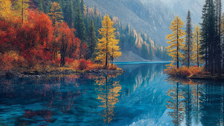 Mountain lake with autumn forest reflection design file showing detailed nature pattern